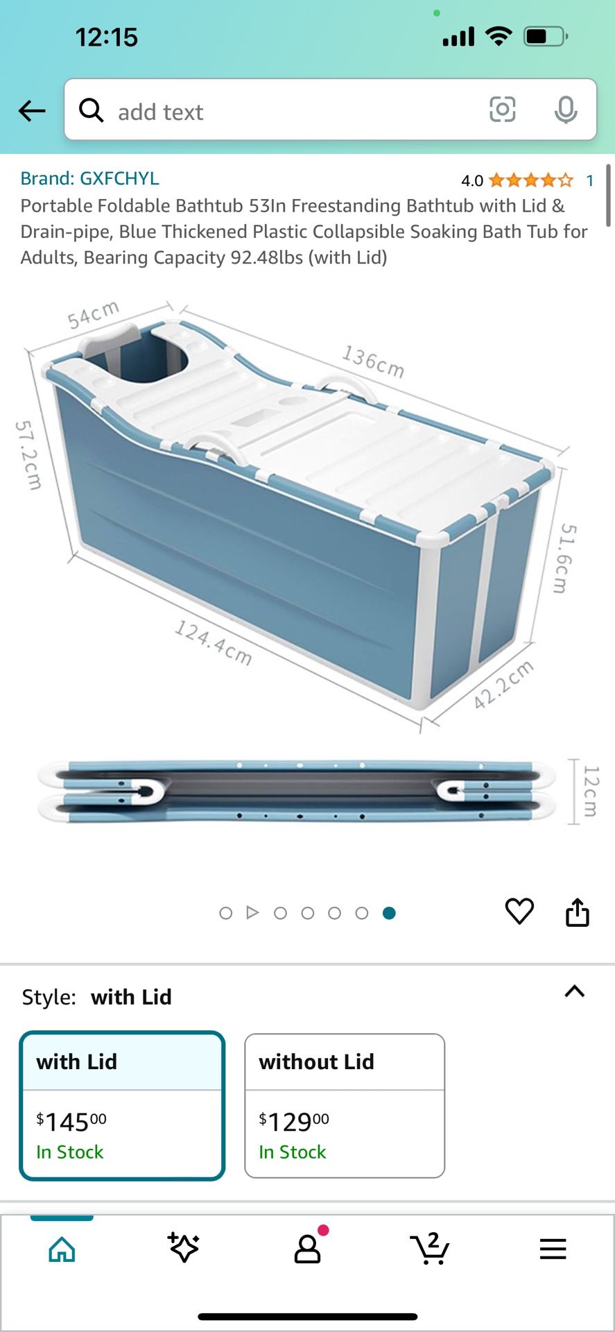 Foldable 53” Bathtub