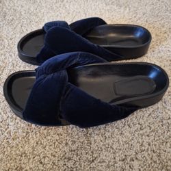 Chloe Nolan Crisscross Twisted Velvet Slides Flat Mule Sandals Blue Lagoon 37