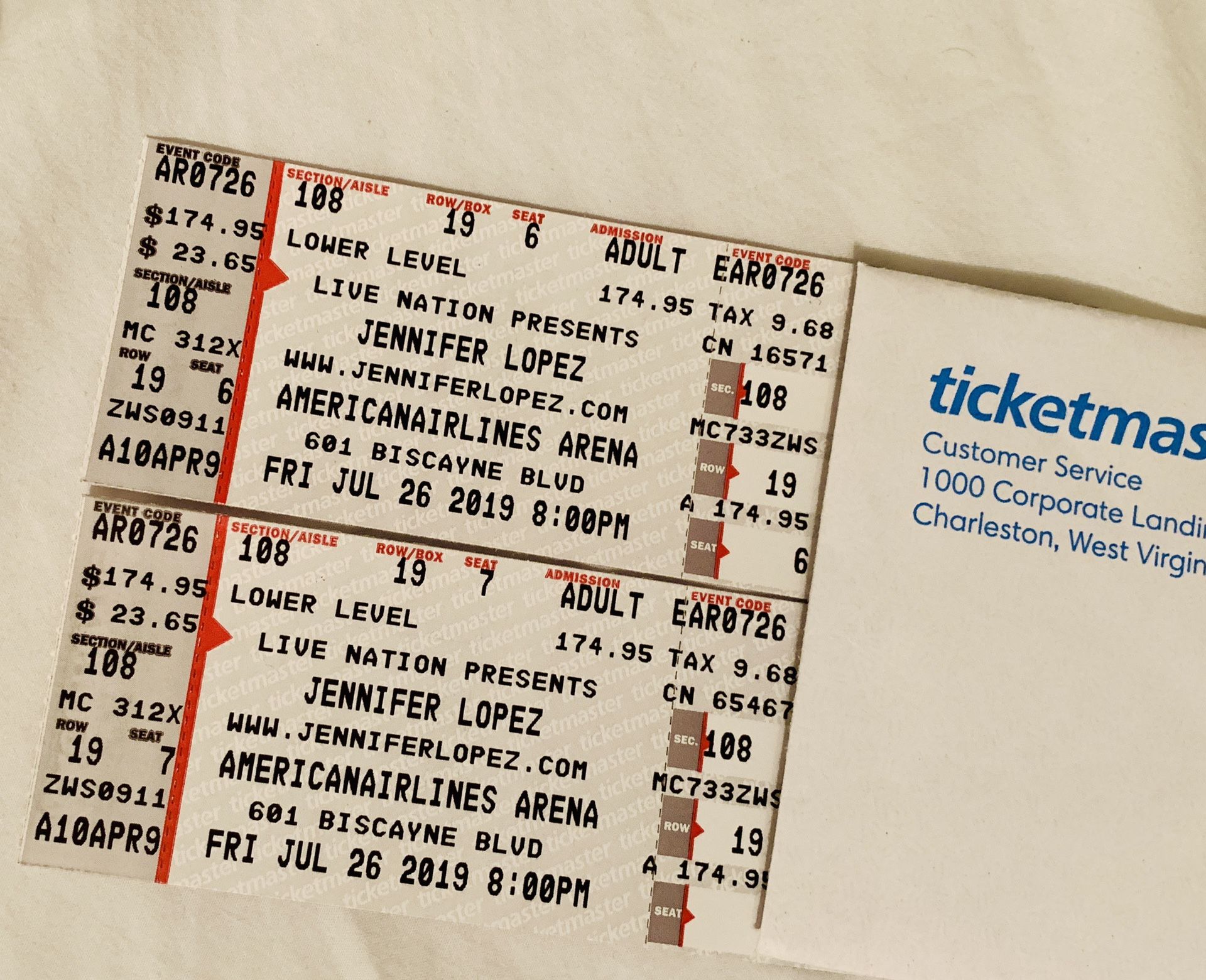 2 Jennifer Lopez lower level Concert tickets Friday July 26 Section 108 Row 19 Seat 6 & 7