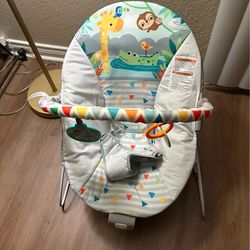 Bright Starts Baby Bouncer Soothing Vibrations Infant Seat - Removable -Toy Bar, Nonslip Feet, 0-6 Months Up to 20 lbs (Safari Fun)