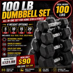 100 LB Hex Dumbbell Set – 5, 10, 15 & 20 LB Pairs – NEW