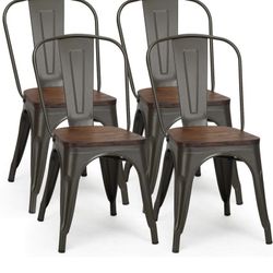 18 Inch Dining Chair Set of 4, Industrial Vintage Stackable Metal Counter Bar Chairs with High Backrest, Wood Seat, for Home, Kitchen and Cafe Bar Use