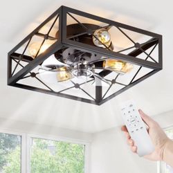 Caged Flush Mount Ceiling Fans with Lights and Remote, Black Square Rustic