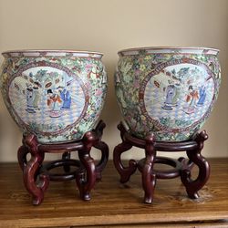 Pair of Vintage Chinese Famille Rose Fish Bowl Planters w/ Stands – 19”