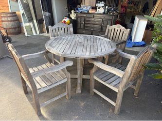 Outdoor Teak Dining Set w Round Table, 4 Chairs and Umbrella