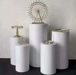 5 Pcs Cylinder Display Pedestal Stand, white (Metal)+ Covers
