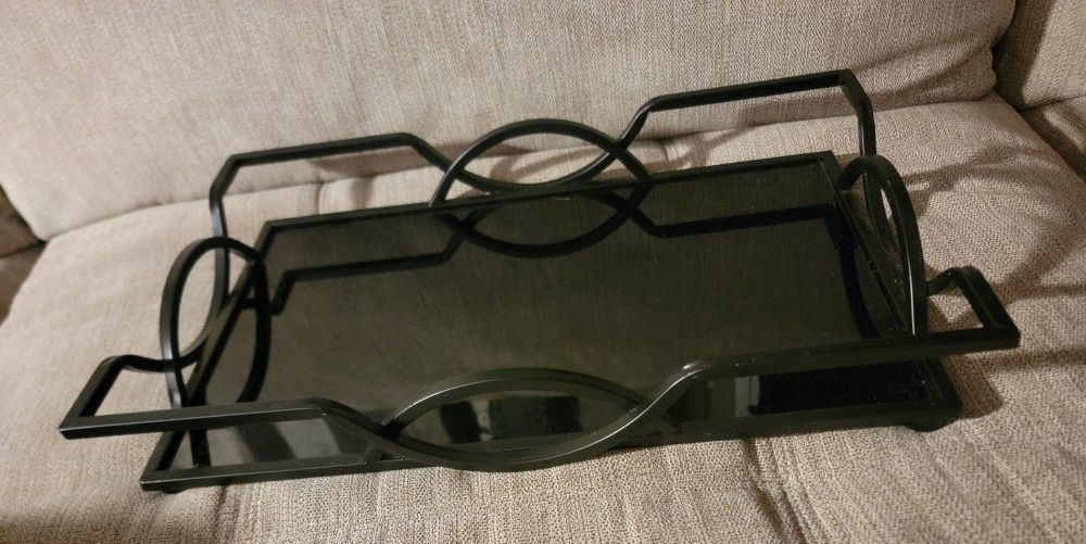 Black metal abstract mirrored tray with handles for easy carrying 16" L x 10" W