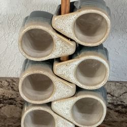 Coffee Mugs With Wooden Stand By Rodolfo Padilla With Signature, Blue