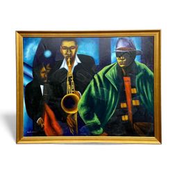 ⭕️ Vintage Large Jazz Band Painting – 43x33 – Bold Colors – Signed A. Valencia