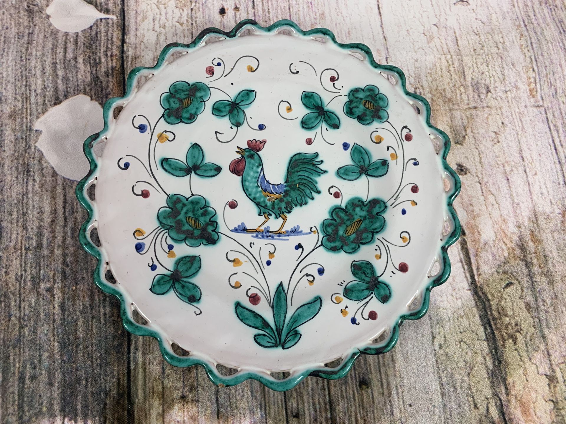 Italian Hand Painted Green Leaves Rooster Plate
