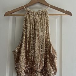 NWT Free People Gold Sequin Lights out Halter Open Back Top Size M