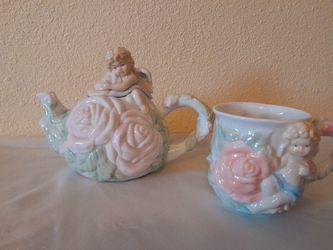 Vintage 1998 Avon 3D Cabbage Rose Cherub Angel Teapot with Lid & Matching Teacup 