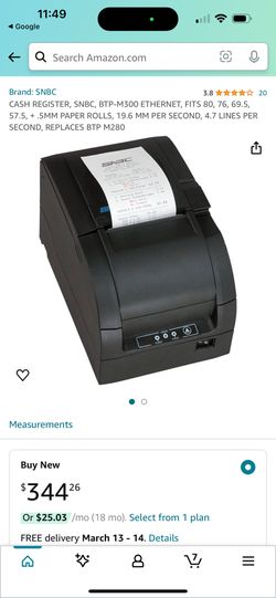 CASH REGISTER, SNBC, BTP-M300 ETHERNET, FITS 80, 76, 69.5, 57.5, + .5MM PAPER ROLLS, 19.6 MM PER SECOND, 4.7 LINES PER SECOND, REPLACES BTP M280