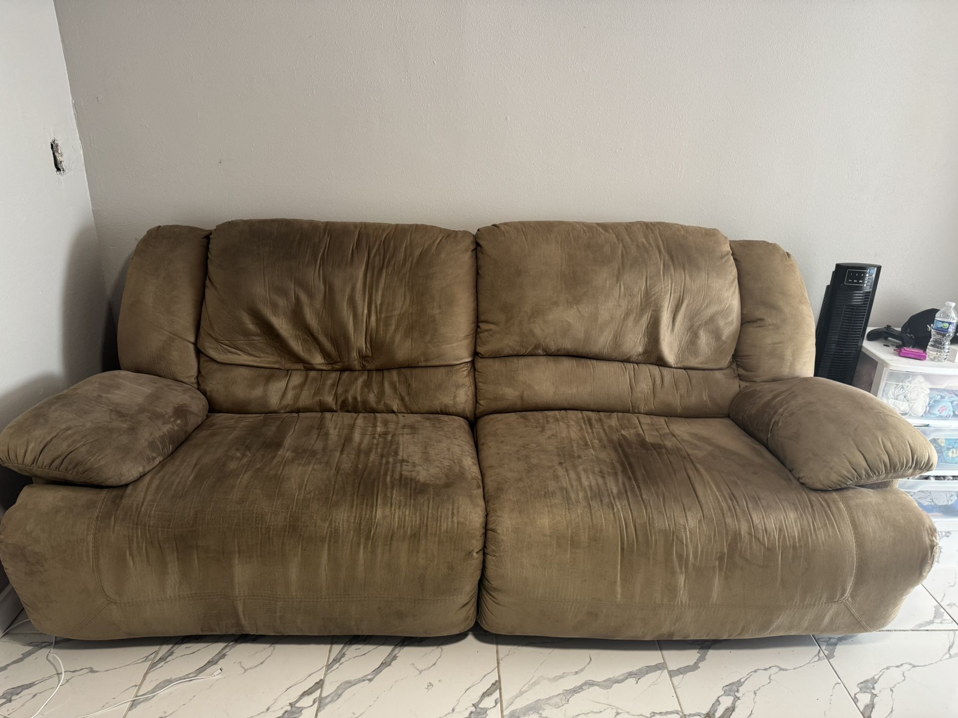 Brown suede reclining couches