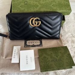 Womens Gucci Wallet Black Marmont Zippy GG Wallet Authentic 