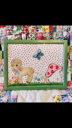 Cute Handmade Picture, Vintage Lamb Card, Mushroom, Butterfly, Kitsch/Kitschy, Nursery Decor
