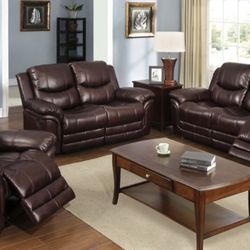 Brown Leather Fully Reclining Three Piece Couch Set 