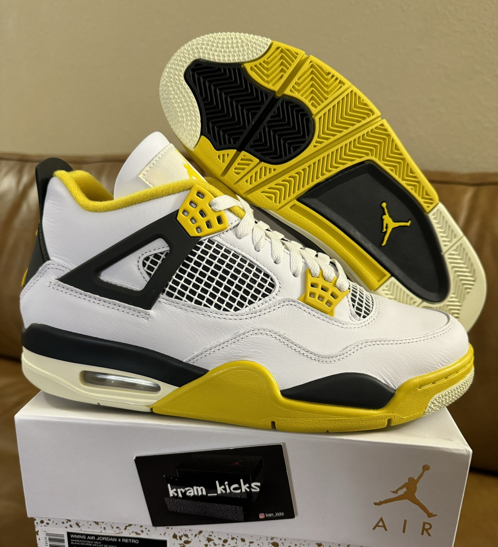 New* Air JORDAN 4 Retro "Vivid Sulfur" White Black Yellow MENS Size 9.5 10 US or Womens 11 11.5 US - OG All DS