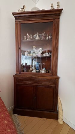 Tall Vintage Display Cabinet – Glass Front, Solid Wood – $725 OBO