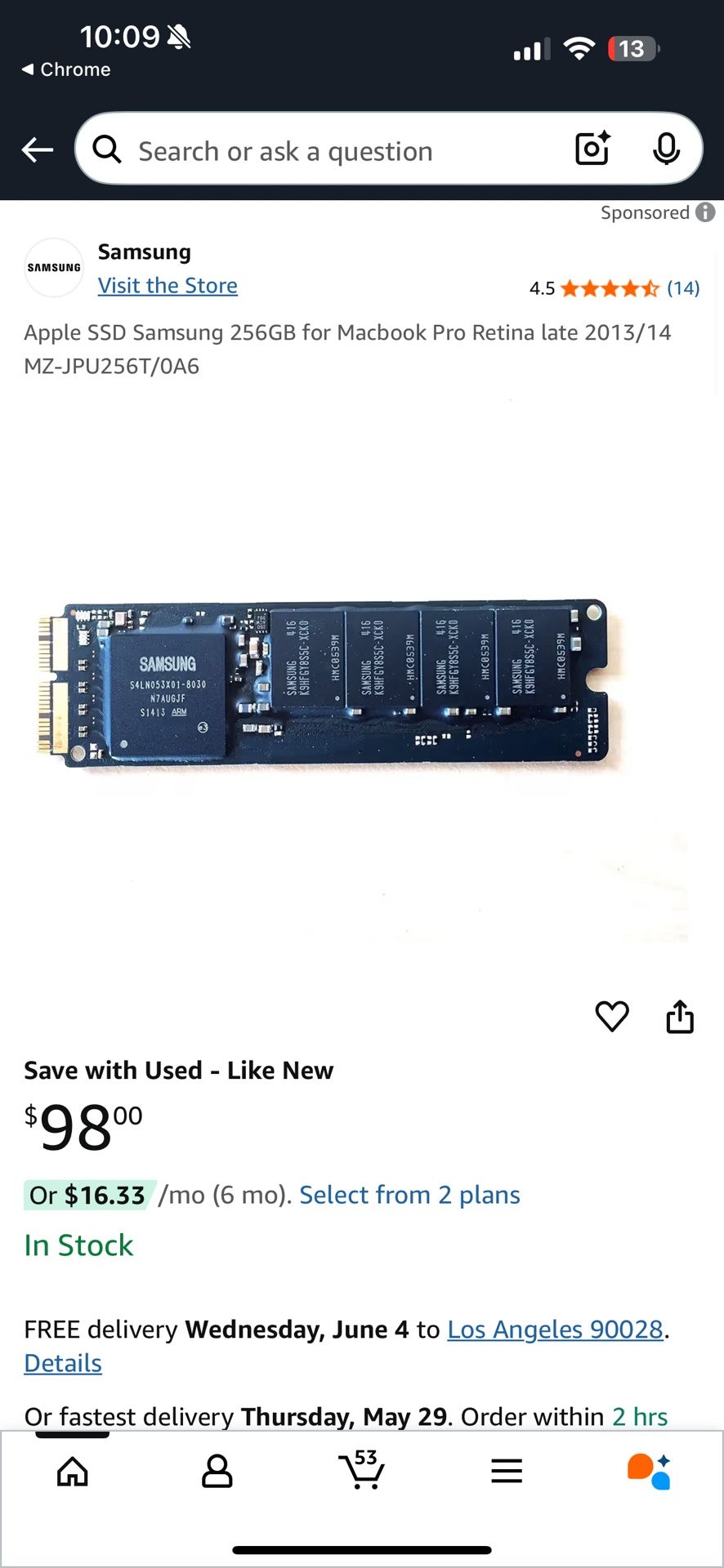 Apple SSD Samsung 256GB for Macbook Pro Retina