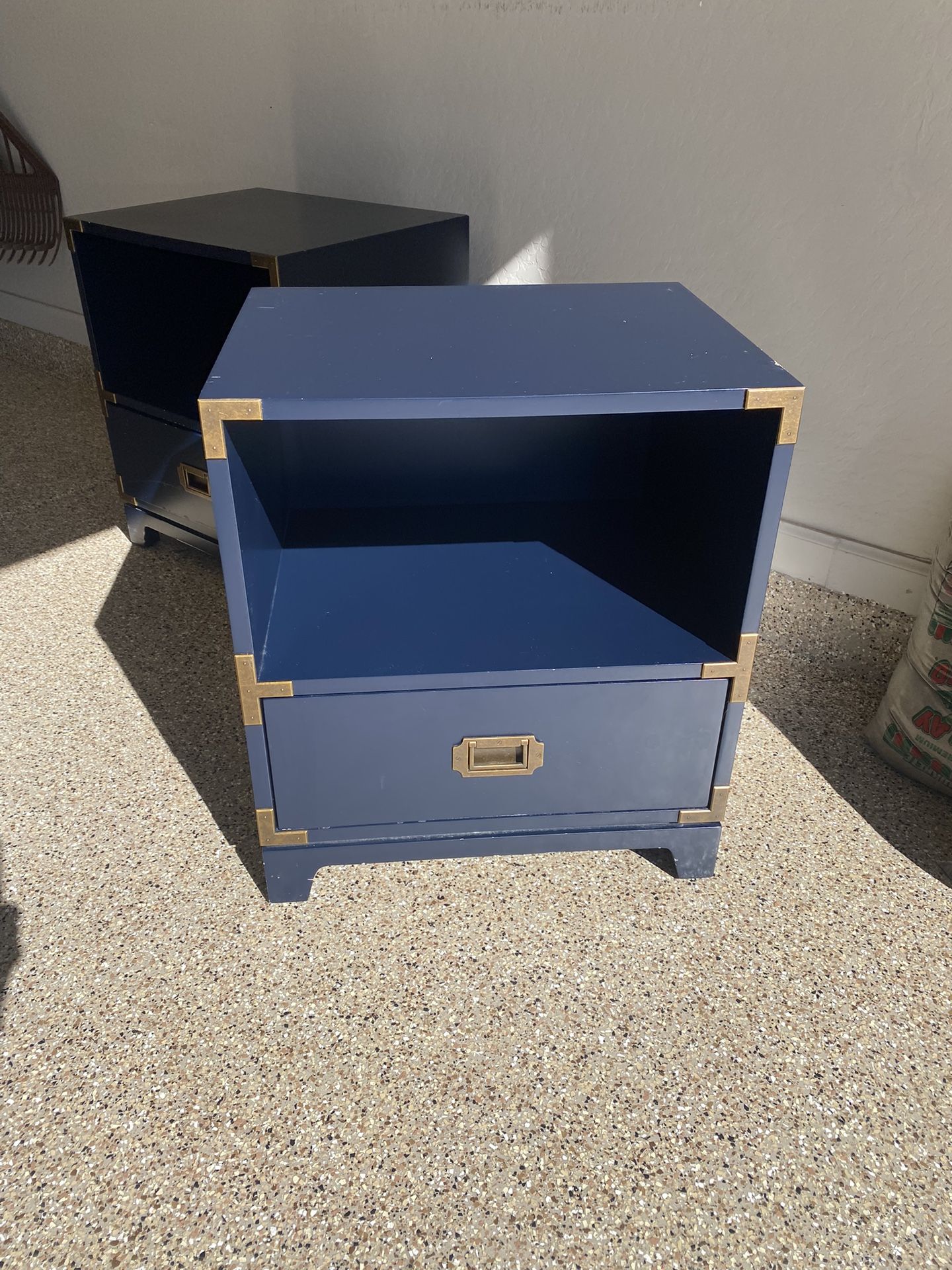 Two Matching Crate Kids Campaign Blue Wood Kids Nightstand with Drawer