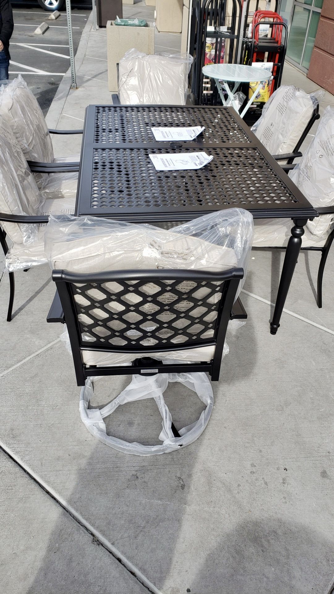 Laurel Oaks 7-Piece Brown Steel Outdoor Patio Dining Set with CushionGuard Almond Tan Cushions