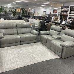 Leather Power Head And Feet 2 Piece Sofa And Love With USB Charging 40% Off