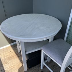 Modern Grey Round Dining Table w/ 4 Fabric-Cushioned Chairs – Good Condition!