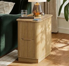 New-Narrow End Table with Charging Station, Fluted Side Table with Faux Marble Top, Skinny Modern Boho Nightstand, Small Bedside Table with Drawers & 