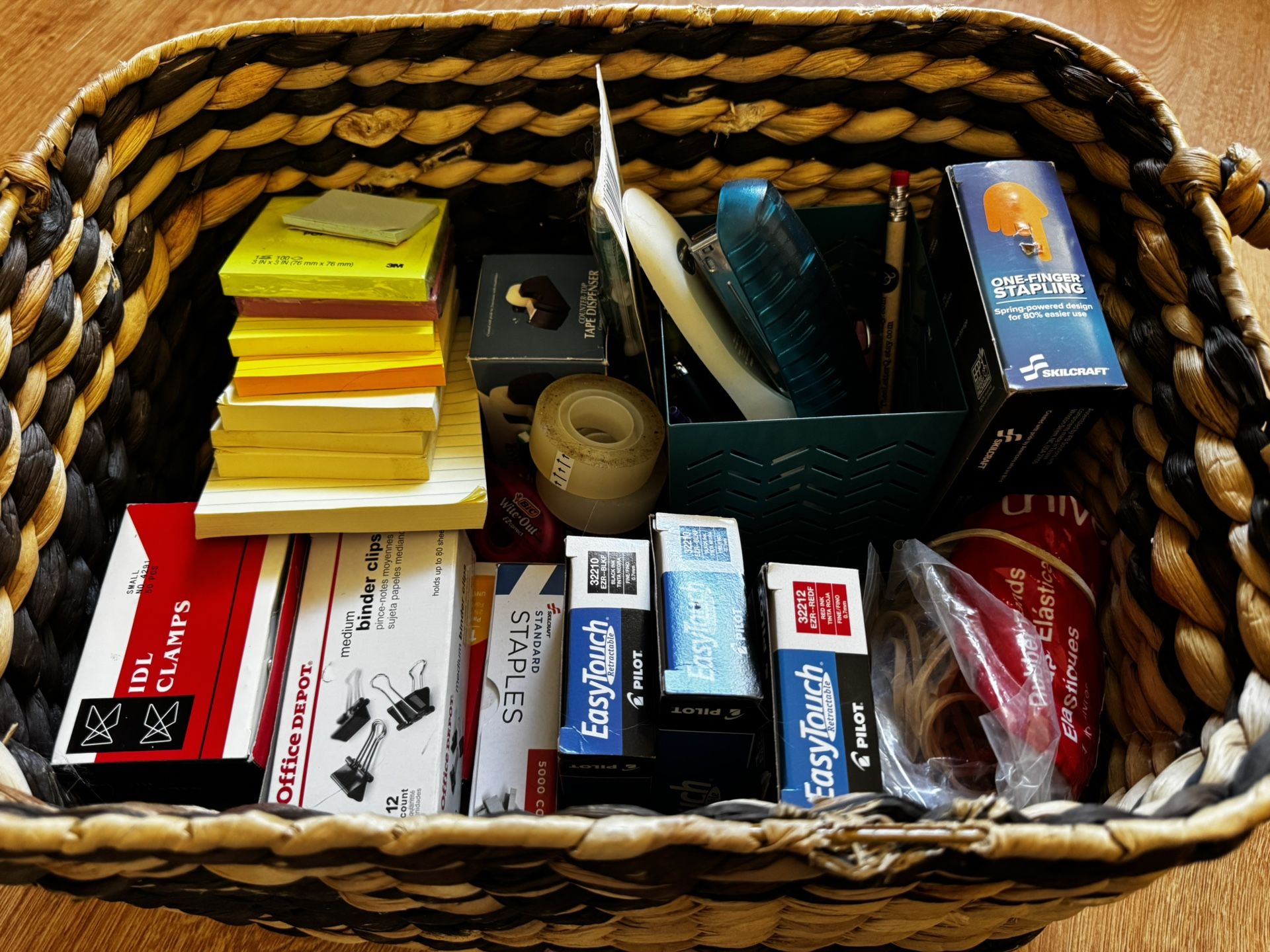 School Or Office Supplies Assortment, Woven Basket, New And Opened Assortment