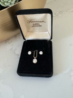 Women’s Gold Tone Necklace and Cubic Zirconia Pendant and Stud Earring Set