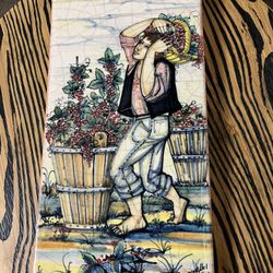 Vintage Hand painted Italian ceramic tile plaque depicting "Autunno" (Autumn) from a Four Seasons series, “Autumn” created by Franco Rufinelli Assisi.