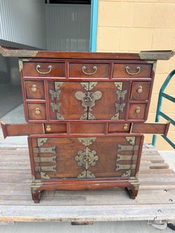 Korean Antique Style Wood Cabinet with Brass Hardware
