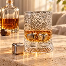 Spinning Whiskey Glass with 3 Stainless Steel Ice Cubes – Diamond Pattern