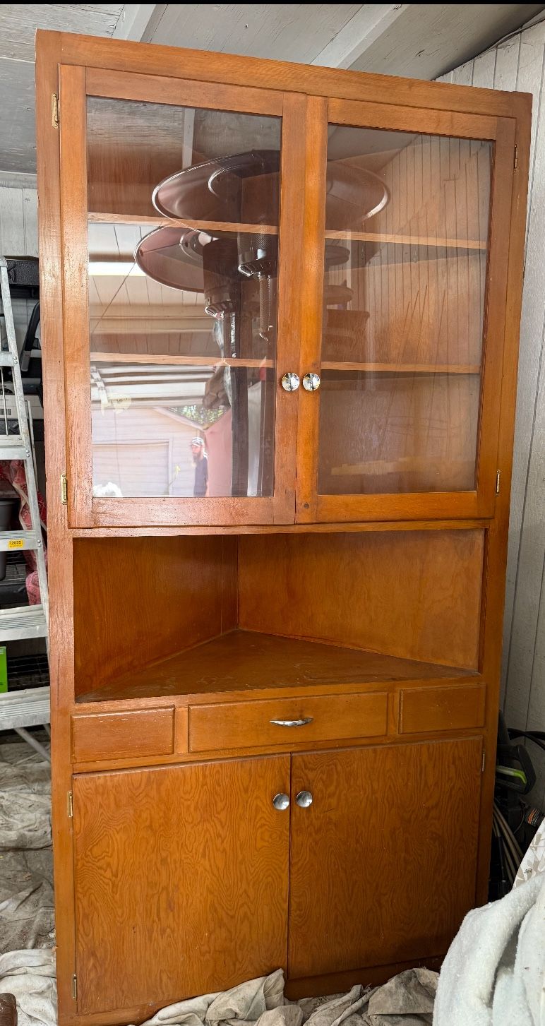 Vintage Wood Corner Cabinet With Glass Doors