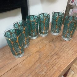 Vintage Mid Century Modern Gold Turquoise Cocktail Cocktails Glass Set Of 6