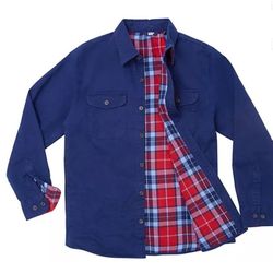 Lands End Men's Flannel Lined Long Sleeve Shirt Jacket Navy Blue 