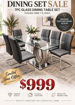 New glass 7pc dining table set special with gray chairs