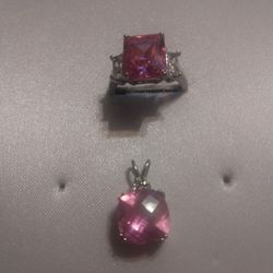 10K White Gold Ring With 10K White Gold Pendant With Pink Garnet And Cubic Stone On The Side Ring Size 7 And 1/2 Use