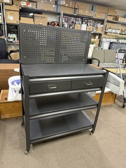 Workbench with Pegboard & Drawer, Adjustable Shelving Work Table, Mobile Workstation with Lockable Wheels for Garage Warehouse Workshop Office, 47.2"