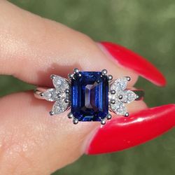 Sapphire And Moissanite Diamond Engagement Ring 14k White Gold 