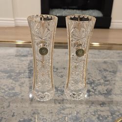 Two Brand New Hand Cut Crystal Vases with Intricate Gold Design. Made In Italy.