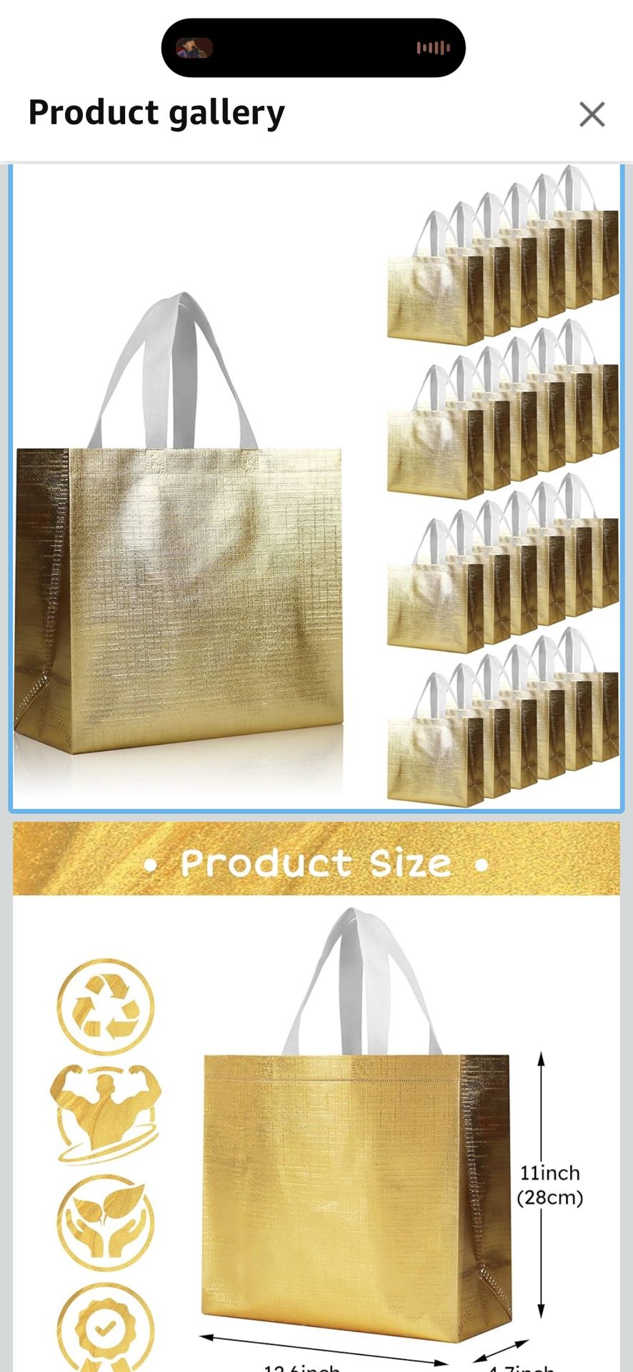 25 Pcs Gold Reusable Gift Bags with Metallic Design, Non-woven Gift Bag Bulk with Handles, Glossy Party Bags for Wrapping Gifts, Birthday, Wedding, Pa