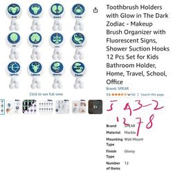 Toothbrush Holders with Glow in The Dark Zodiac - Makeup Brush Organizer with Fluorescent Signs, Shower Suction Hooks 12 Pcs Set for Kids Bathroom 