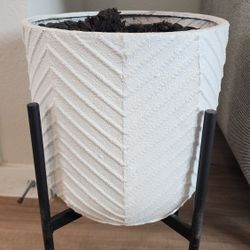 Large White Planter with Metal Stand