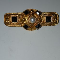 Vintage Gold Tone Black Enamel Brooch 