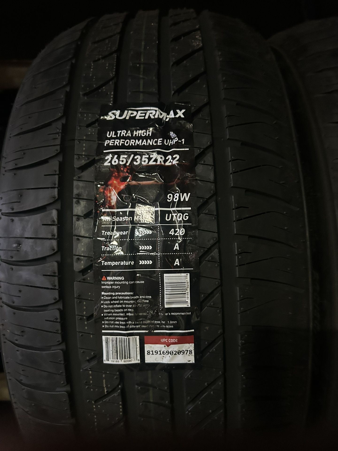 New 265/35R22 Supermax $$155 Per Tire 