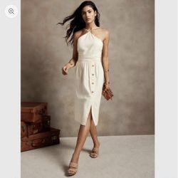 NWT Banana Republic Womens Size 8 Cream Pleated Halter Midi Dress $110 Buttons