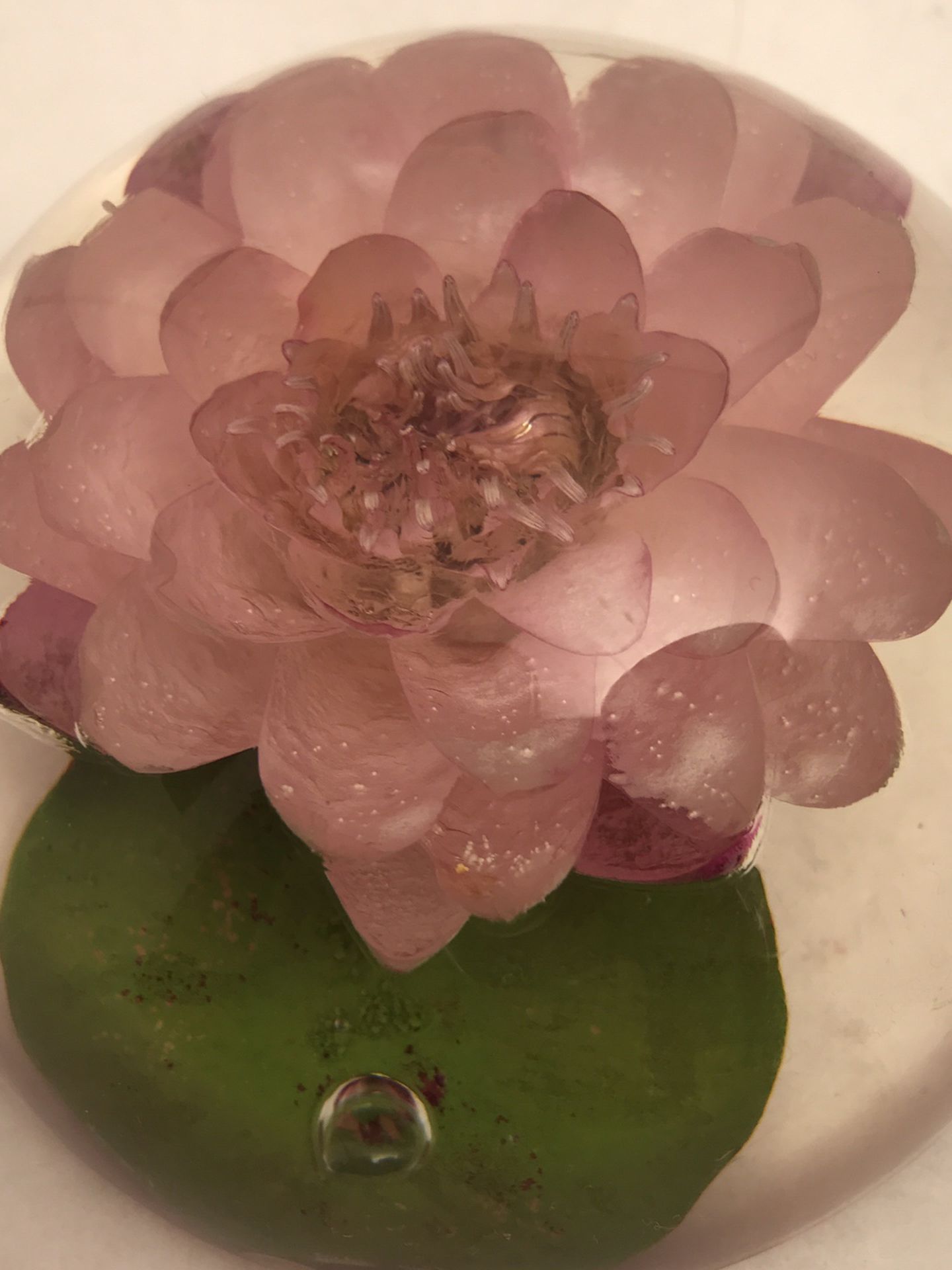 Vintage Signed W. Rolfe Paperweight Acrylic Lucite Pink Lotus Flowers 4 1/2”