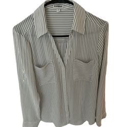 EXPRESS Tops Gray White Striped Blouse Style Dress Shirt Size Medium 